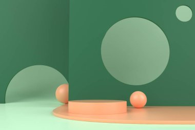 Soyut yeşil arkaplan, podyum için minimalist model, modern sahne, ekran veya vitrin, 3D görüntüleme.