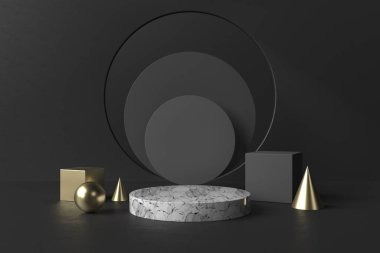 Soyut siyah arkaplan, podyum için minimalist model, modern sahne, ekran veya vitrin, 3D görüntüleme.