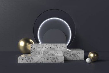 Soyut siyah arkaplan, podyum için minimalist model, modern sahne, ekran veya vitrin, 3D görüntüleme.