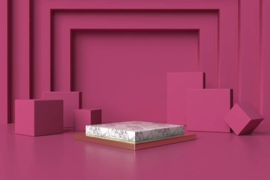 Soyut pembe arkaplan, podyum için minimalist model, modern sahne, ekran veya vitrin, 3D görüntüleme.
