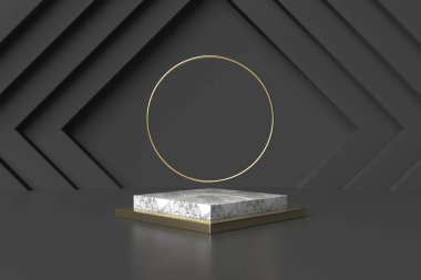 Soyut siyah arkaplan, podyum için minimalist model, modern sahne, ekran veya vitrin, 3D görüntüleme.