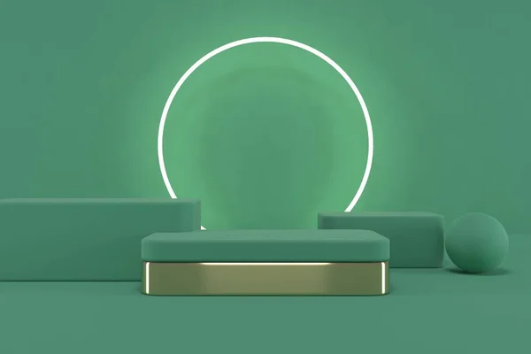 Soyut yeşil arkaplan, podyum için minimalist model, modern sahne, ekran veya vitrin, 3D görüntüleme.