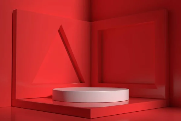Soyut kırmızı arkaplan, podyum için minimalist model, modern sahne, ekran veya vitrin, 3D görüntüleme.