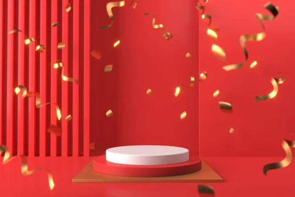Soyut kırmızı arkaplan, podyum için minimalist model, modern sahne, ekran veya vitrin, 3D görüntüleme.