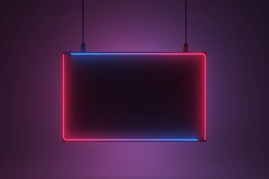 Basit geometrik kare şekilli, mavi ve pembe renkte soyut tabela neon işareti.