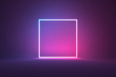 Basit geometrik kare şekilli, mavi ve pembe renkte soyut tabela neon işareti.
