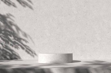 Podyum, modern sahne, vitrin veya vitrin için soyut Beton Arkaplan Minimalist Modelleme, Duvardaki Gölge Ağacı 3d Renklendirme