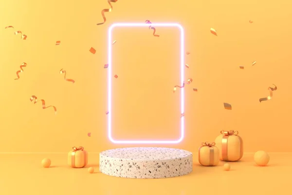 Soyut sarı arkaplan, podyum için minimalist model, modern sahne, ekran veya vitrin, 3D görüntüleme.
