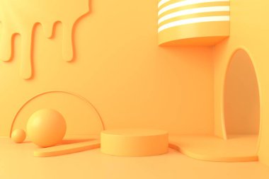 Asgari soyut arkaplan, podyum için sarı renk modeli, modern sahne, ekran veya vitrin, 3D görüntüleme.