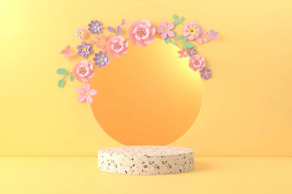 Asgari soyut arkaplan, podyum için sarı renk modeli, modern sahne, ekran veya vitrin, 3D görüntüleme.