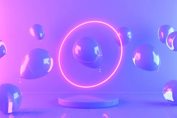 Asgari soyut arkaplan, yüzen balonlar podyum, modern sahne, görüntü veya gösteri için neon ışığı kırmızı ve mavi model, 3D.