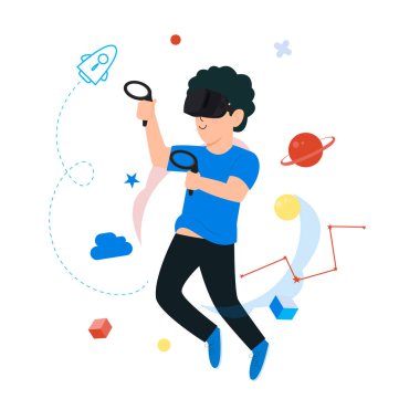 Komik sanal gerçeklik VR kulaklığı olan genç bir adam. Halk vektör illüstrasyonu.