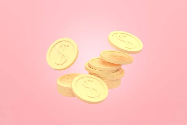 Muitas Moedas Fundo Rosa Renderização — Fotografia de Stock