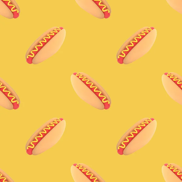 Hot Dog Muster Gelber Hintergrund Rendering — Stockfoto