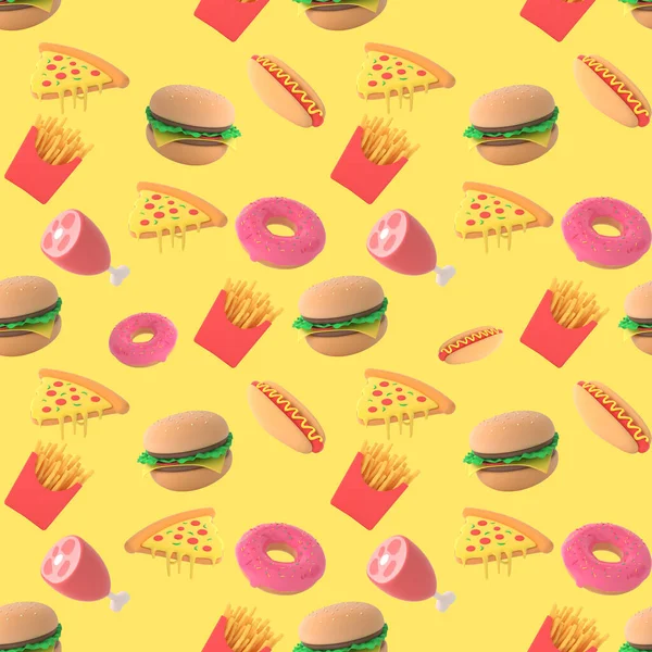 Fast Food Pattern Yellow Background Rendering — Stock Photo, Image