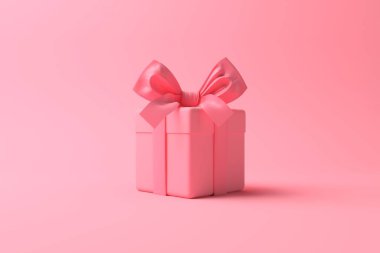 Pembe arka planda fiyonklu hediye kutusu 3D görüntüleme.