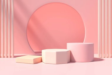 Kozmetik veya ürün görüntüleme podyumu için soyut minimal sahne, pembe arkaplan tasarımı 3d.