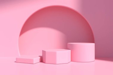 Kozmetik veya ürün görüntüleme podyumu için soyut minimal sahne, pembe arkaplan tasarımı 3d.