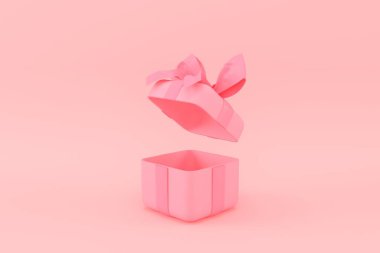 Pembe arka planda fiyonklu hediye kutusu 3D görüntüleme.