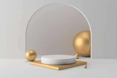 Soyut minimal sahne beyaz ve altın podyum, kozmetik veya ürün görüntüleme podyumu için tasarım 3d.