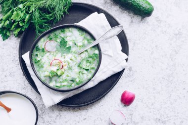 Okroshka. Geleneksel soğuk Rus yaz çorbası turp, salatalık ve dereotlu. Üst Manzara. Boşluğu kopyala.