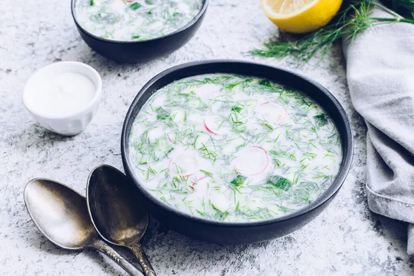 Okroshka. Geleneksel soğuk Rus yaz çorbası turp, salatalık ve dereotlu..