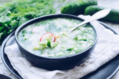 Okroshka. Geleneksel soğuk Rus yaz çorbası turp, salatalık ve dereotlu..