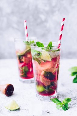 Rubarb, limon ve nane ile yaz ferahlatıcı içecek. Rubarb limonatası. Taze bahar rubarb mojito kokteyli..