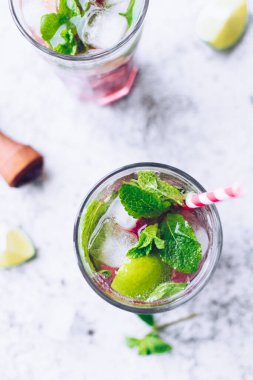 Rubarb, limon ve nane ile yaz ferahlatıcı içecek. Rubarb limonatası. Taze bahar rubarb mojito kokteyli. Üst görünüm.