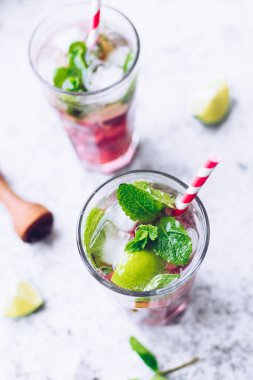 Rubarb, limon ve nane ile yaz ferahlatıcı içecek. Rubarb limonatası. Taze bahar rubarb mojito kokteyli. Üst görünüm.