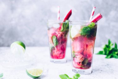 Rubarb, limon ve nane ile yaz ferahlatıcı içecek. Rubarb limonatası. Taze bahar rubarb mojito kokteyli..