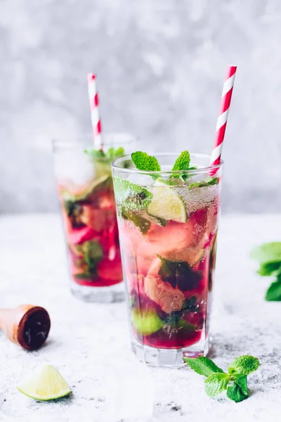 Summer Refreshing Drink Rhubarb Lime Mint Rhubarb Lemonade Glass Fresh — Stock Photo, Image