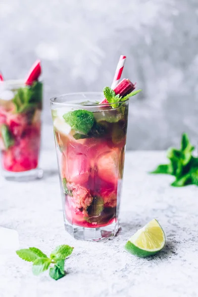 Sommar Uppfriskande Dryck Med Rabarber Lime Och Mynta Rabarberlemonad Glas — Stockfoto