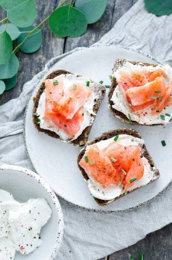 Sağlıklı kahvaltı. Beyaz tabakta çavdar ekmeği, somon balığı ve krem peynirli tost. Sağlıklı atıştırmalık konsepti. Üst görünüm.
