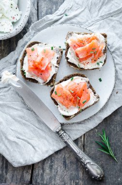 Sağlıklı kahvaltı. Beyaz tabakta çavdar ekmeği, somon balığı ve krem peynirli tost. Sağlıklı atıştırmalık konsepti. Üst görünüm.