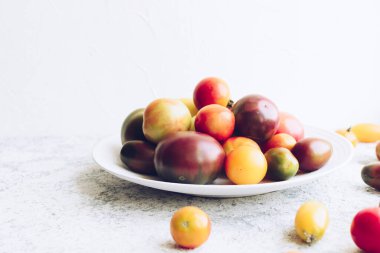 Taş masadaki beyaz tabakta çeşitli renkli domatesler. Farklı türde taze organik domates gri beton arka planda ve yazı için yeri var. Çiftlik sağlıklı beslenme konsepti. Boşluğu kopyala.