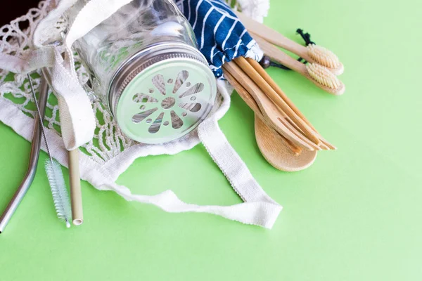 Noll Avfallskoncept Bomull Väska Bambu Bestick Och Tandborste Glas Murverk — Stockfoto