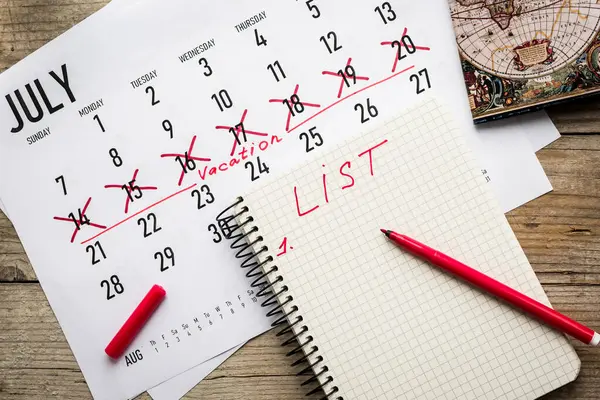 Vacation Planning Concept Travel Preparation Passport Vacation Plan Written Calendar — Stockfoto