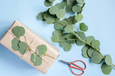 Okaliptüs dalı ile süslenmiş kahverengi kağıda sarılmış hediye kutusu, doğal çevre dostu sıfır atık paketleme fikri. Üst Manzara. Boşluğu kopyala.