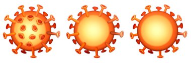 SARS-CoV-2 yuvarlak logosu 3 versiyonu var. Grip virüsü ikonu. Turuncu Coronavirus izole edilmiş illüstrasyon. Beyaz arka planda Sars Virion Çemberi sembolü. Grip salgını görüntüsü. Covid-19 virüs parçacığı.