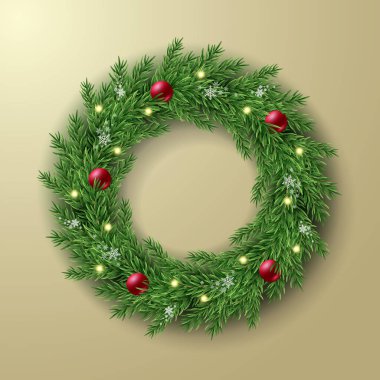 Kırmızı topları, kar taneleri ve ışıkları olan Noel çelengi