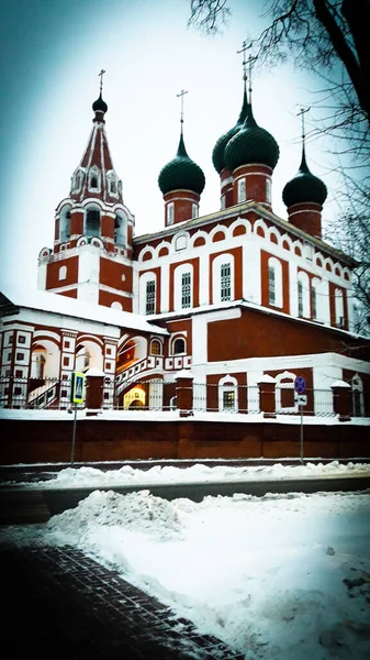Old Red White Cathedral Green Domes — Stock Photo, Image