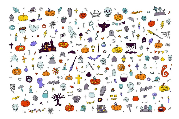 Nagy Doodle Boldog Halloweent Kézzel Rajzolt Szellem Tök Gyertyák Koponyák — Stock Vector