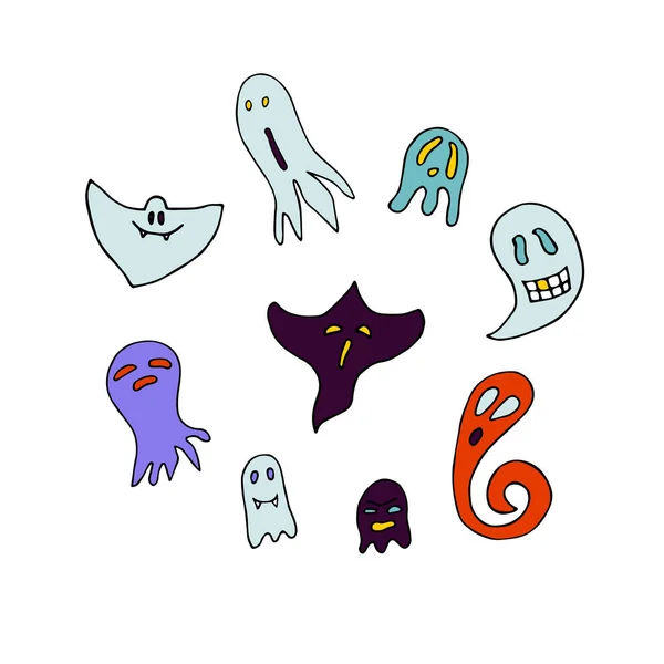 Doodle Halloween Ghosts Set Barevné Duchy Izolované Bílém Pozadí Ručně — Stockový vektor