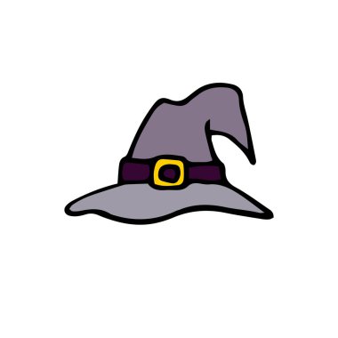 Doodle Gray cadı şapkası. Beyaz arka planda izole edilmiş maskeli balo kostümünün elle çizilmiş ayrıntıları. Cadılar Bayramı için vektör illüstrasyonu, şaka mı şeker mi partisi, mistik paranormal tasarım, ürpertici baskı