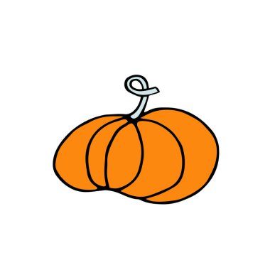 Doodle Pumpkin beyaz arka planda izole edilmiş. Turuncu el yapımı sebze. Çizgi film olgunlaşmış kabak kabağı işareti. Çiftlik ürünü sembolü. Sonbahar tatili, pazar, Cadılar Bayramı, Şükran Günü için vektör illüstrasyonu