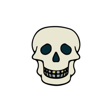 Doodle Cadılar Bayramı kafatası. Beyaz arka planda renk iskeleti izole edilmiş. Elle çizilmiş sevimli korkunç kafatası. Mistik eskiz karakteri. Ürkütücü sonbahar tatilleri için vektör kemik çizimi.