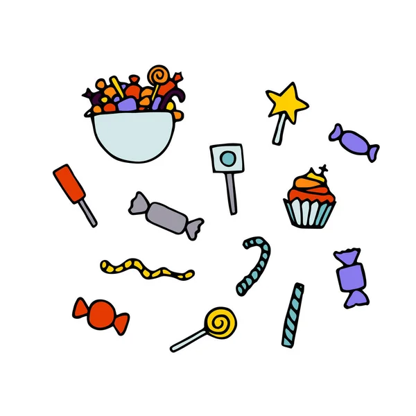 Gekritzelte Vektor Festliche Süße Süßigkeiten Set Farbige Bonbons Cupcakes Kuchen — Stockvektor
