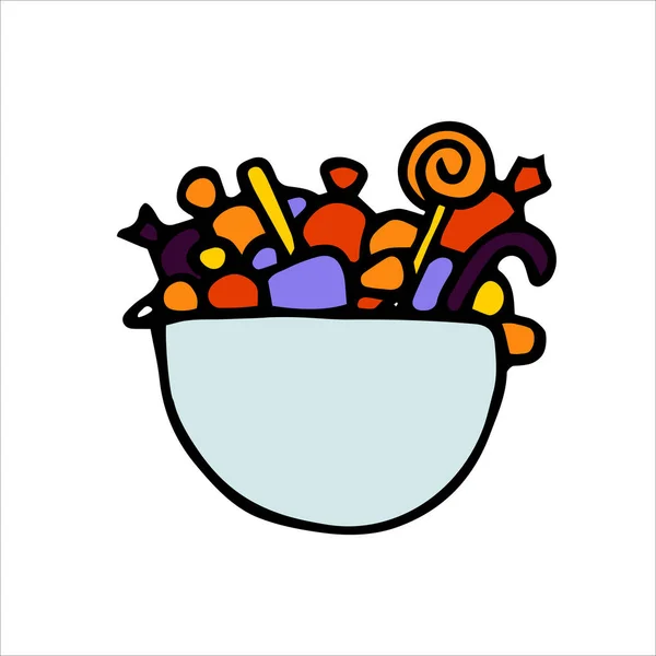 Doodle Vector Festliche Süße Süßigkeiten Einem Eimer Farbige Bonbons Kuchen — Stockvektor