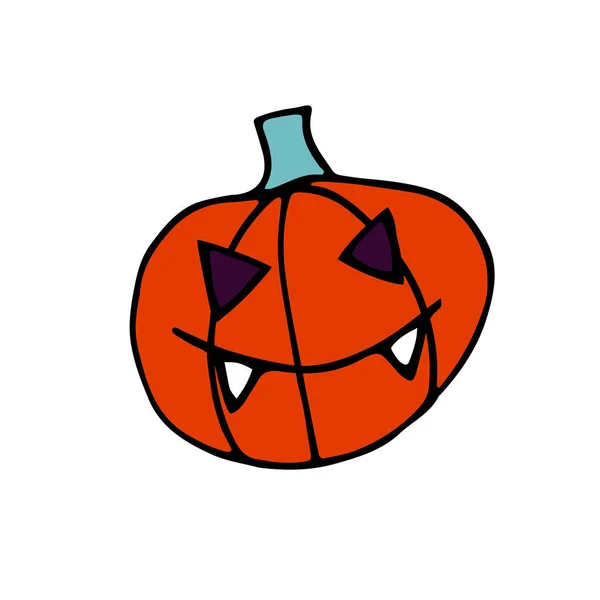 Doodle Halloween Scary Orange Pumpkin Funny Creepy Smiling Face Fangs — Stock Vector